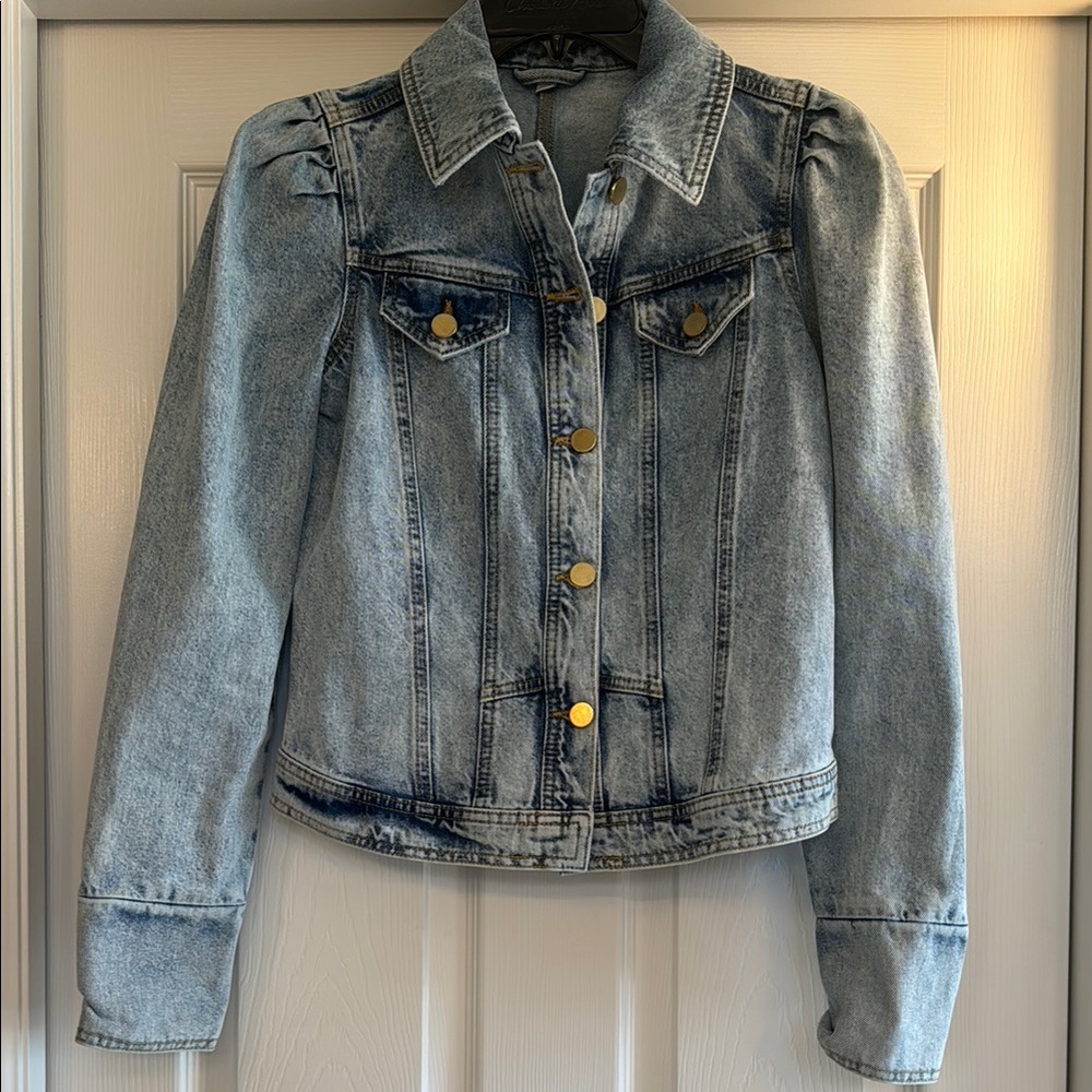 Blue and Gold Jean Jacket with Cropped Length and Puffed Shoulders